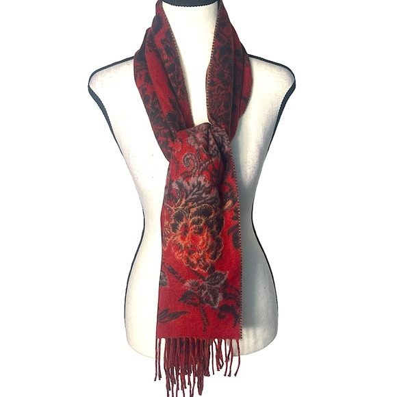 3/$20💥 NWOT Merona Floral Printed Scarf Deep Red Scarf w/ Fringe - Picture 1 of 7